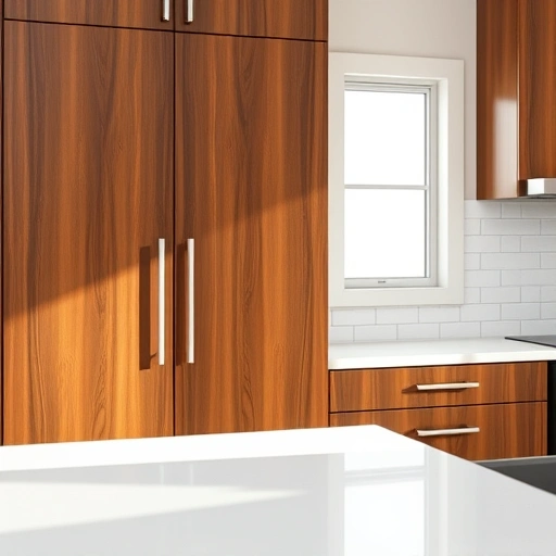 Beautiful kitchen in Garland TX with walnut cabinetry, white quartz countertops, and mosaic tile backsplash.