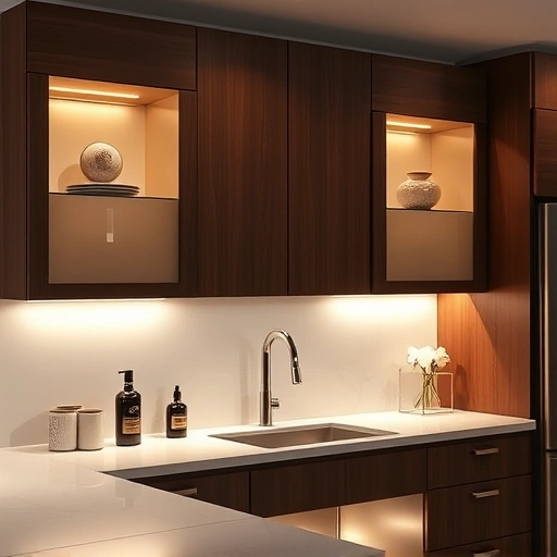 Modern kitchen featuring sleek LED under cabinet lighting in Garland TX, highlighting dark wood cabinets and marble countertop.