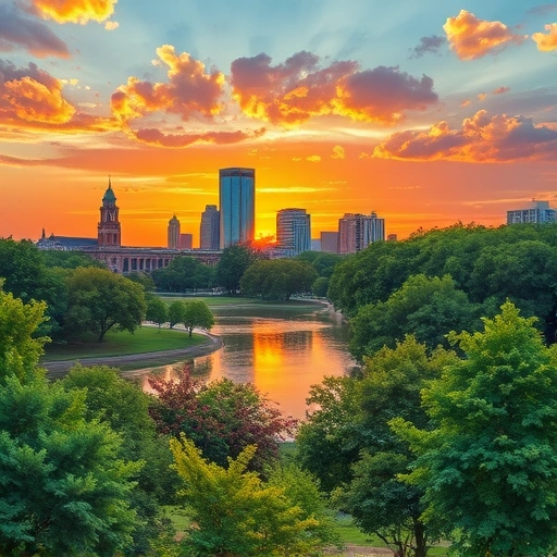 Vibrant Garland TX landscape with lush parks, sunset hues, serene lake, and iconic architecture in peaceful setting
