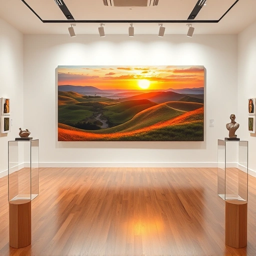 Completed painting in a modern gallery in Prosper TX, featuring a serene landscape and elegant display elements.