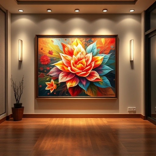 Completed painting in a gallery setting in Heath TX, showcasing vibrant colors, details, and elegant decor.