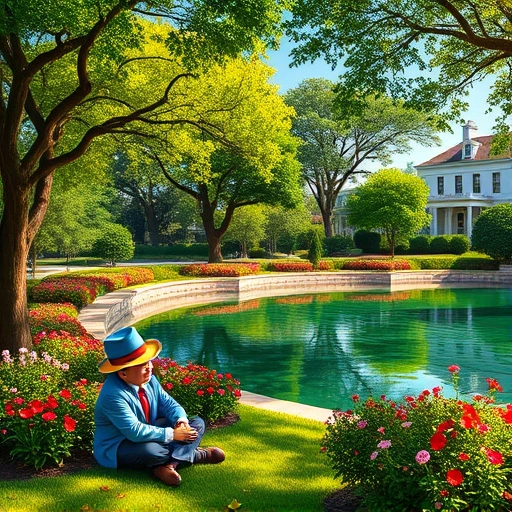 Vibrant landscape painting featuring lush trees, gardens, a serene lake, and historic homes in Highland Park TX.