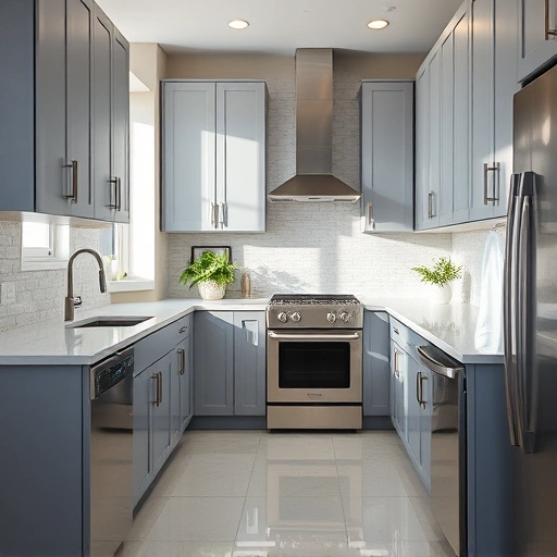 Beautifully painted gray kitchen cabinets in Rowlett, TX with polished quartz countertops and stainless steel appliances.