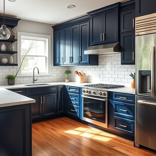 Cabinet painting in Lavon, TX showcases deep navy blue cabinets, white quartz countertops, and modern stainless-steel appliances.