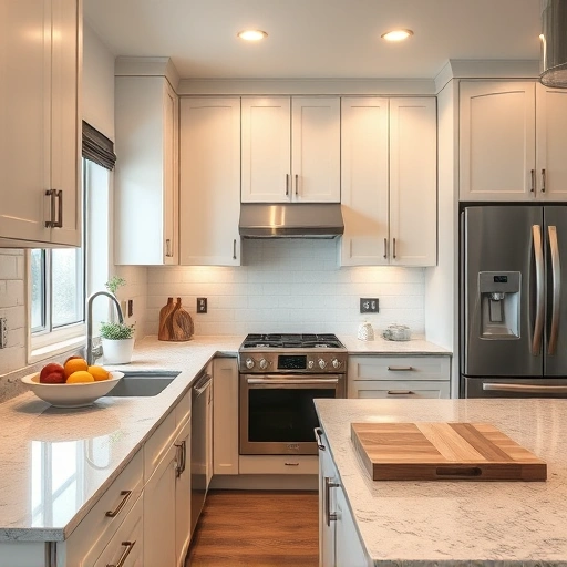 Modern kitchen in Garland, TX with freshly painted cabinets in soft colors and elegant decor, showcasing craftsmanship.