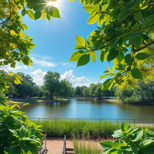Serene Garland TX landscape with lush park, clear blue sky, and tranquil lake reflecting sunlight.