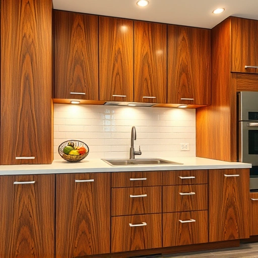 Glossy cabinets in a modern kitchen in Garland, TX showcase rich wood grain and elegant design elements.