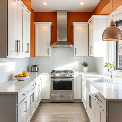 Cabinet painting in Wylie TX featuring glossy neutral cabinets, quartz countertops, and modern stainless steel appliances.
