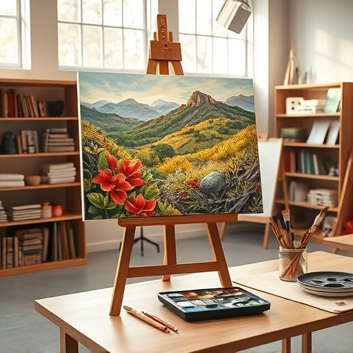 Completed painting in Balch Springs TX on easel, showcasing local landscape and organized art studio environment.