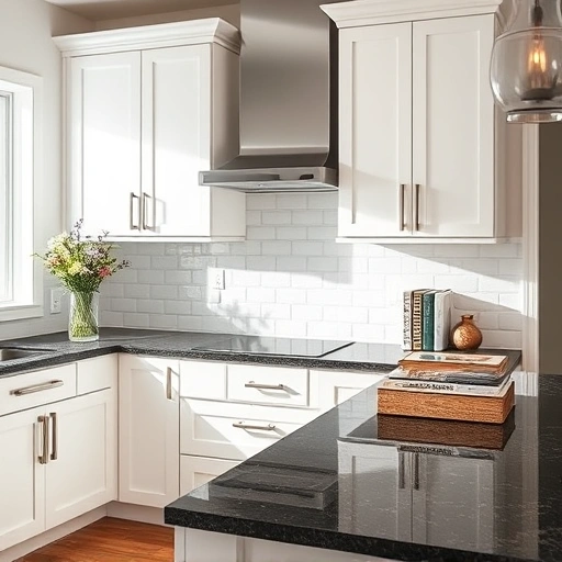 Completed kitchen cabinet painting in Garland TX with high-gloss white cabinets, dark granite countertops, and stylish decor.