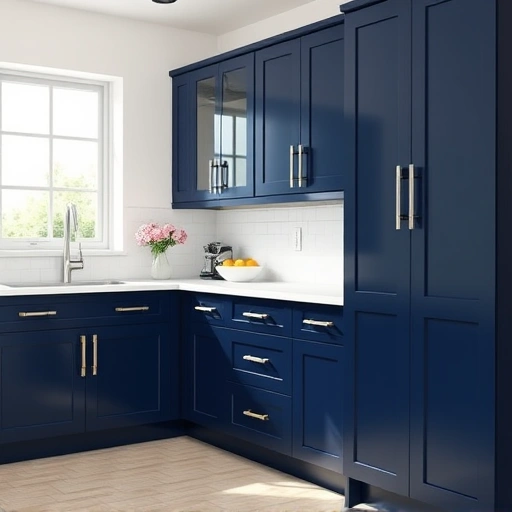 Completed Cabinet Box Painting in Garland TX showcasing navy blue cabinetry with white quartz countertop and elegant decor.
