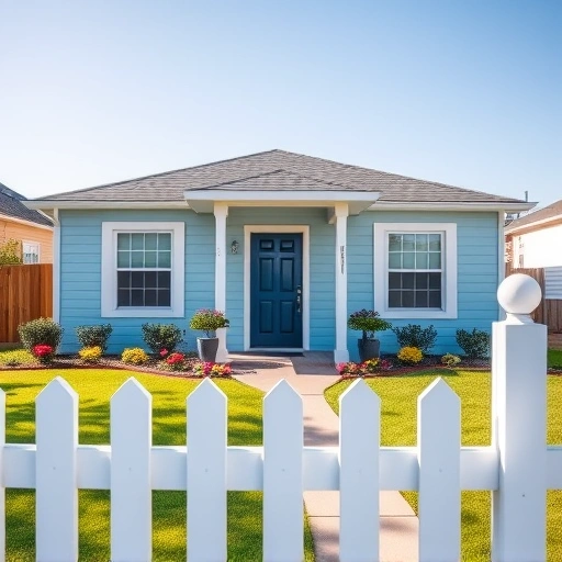 Charming single-story home in Garland, TX with pale blue exterior, navy door, vibrant lawn, and flower beds.
