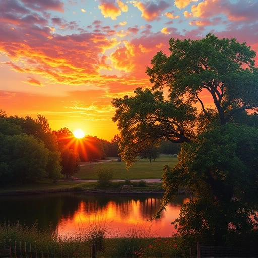 Serene Garland TX landscape with lush greenery, vibrant sunset, tranquil lake, and blooming colorful flowers.