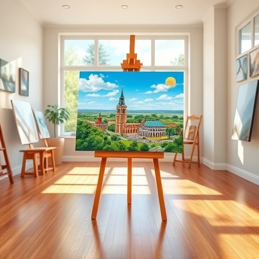 Painting in Royse City TX on easel in art studio with vibrant colors, iconic landmarks, and lush greenery.
