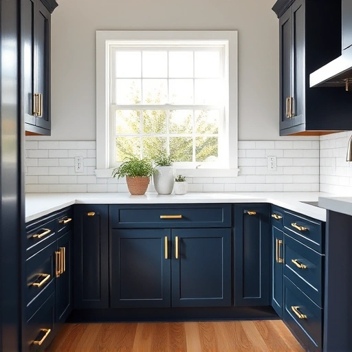 Cabinet painting in Fairview TX with navy blue cabinets, brass handles, white quartz countertop, and natural light.