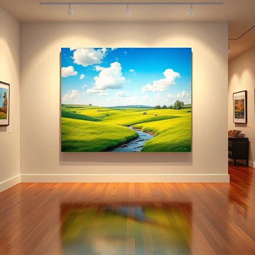 Completed painting in Fairview TX features vibrant landscape with green fields, blue sky, and gentle stream in art gallery.