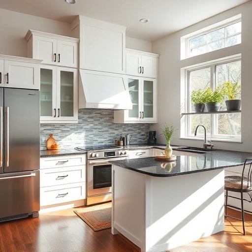 Stunning kitchen in Farmers Branch TX with glossy white cabinets, dark granite countertops, and modern appliances.