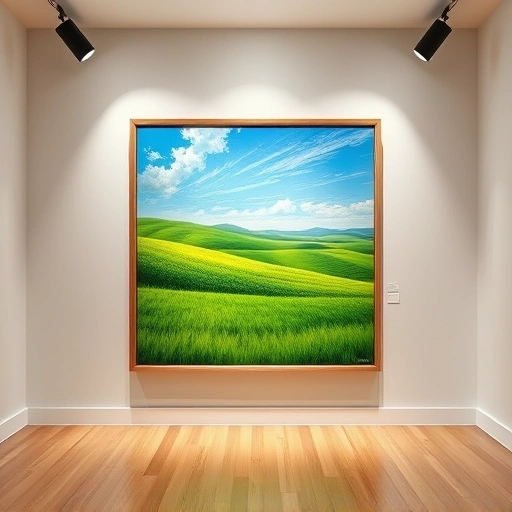 Completed painting in Farmers Branch TX features vibrant landscape, rich green fields, and modern gallery setting.