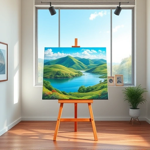 Vibrant landscape painting on easel in modern gallery with natural light, polished wood floor, and minimal decor.