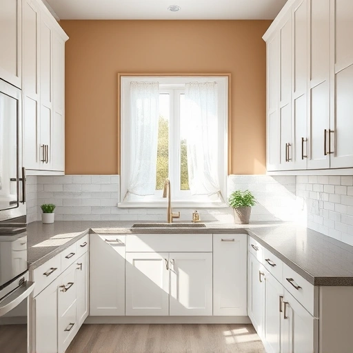 Renovated kitchen in Parker TX with glossy white cabinets, gray quartz countertops, and natural light from a large window.