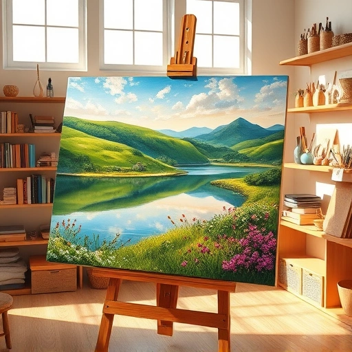 Completed painting in Princeton TX features vibrant landscape with hills, lake, and blooming flowers in art studio.