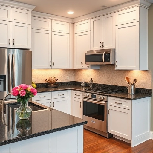 Stunning kitchen transformation with matte white cabinets, dark granite countertops, and elegant decor in Allen TX.
