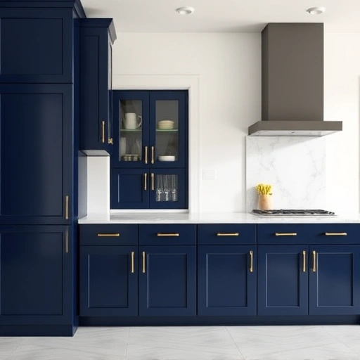 Modern kitchen in Lavon TX with glossy navy blue cabinets, brass hardware, marble countertop, and minimalist design.
