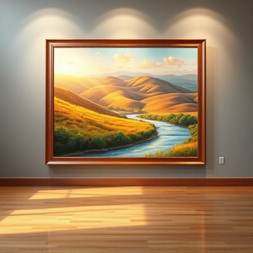 Completed landscape painting in St. Paul TX featuring vibrant colors, serene hills, and tranquil river on modern gallery wall.