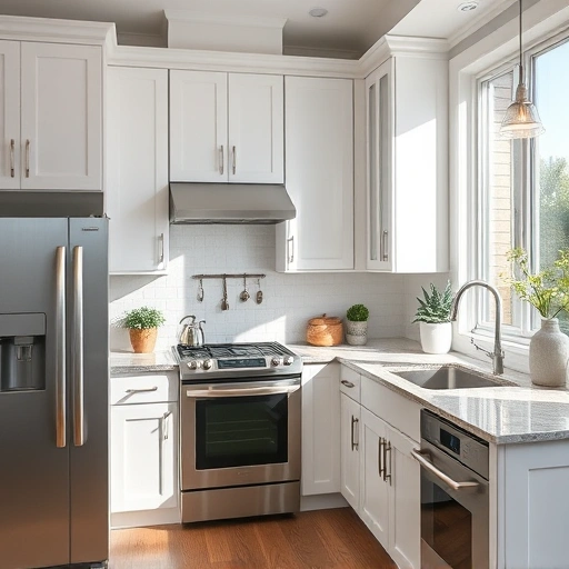 Cabinet painting in University Park TX with soft matte white finish, modern appliances, and natural light ambiance.