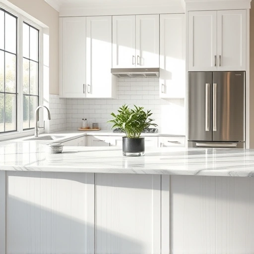 Cabinet painting transformation in Dallas with elegant white cabinets, marble countertop, and modern subway tile backsplash.