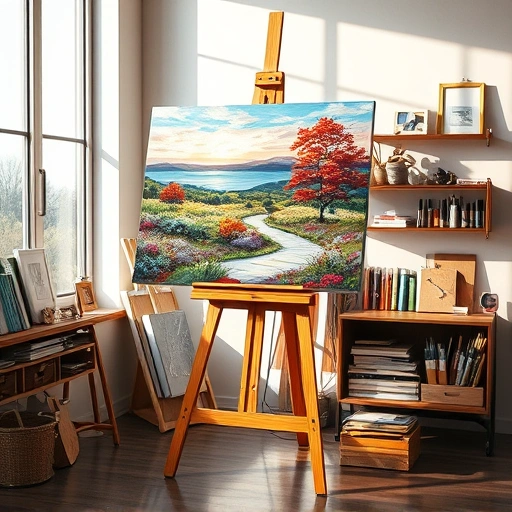 Completed painting in Mesquite TX on an easel, vibrant colors, art supplies, and inspiring studio atmosphere.