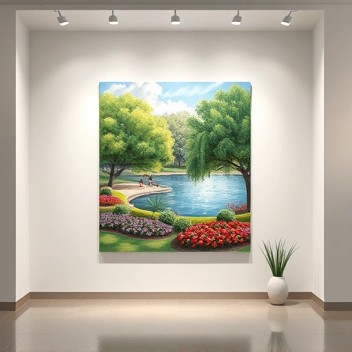 Completed painting in Allen TX showcases a serene park with trees, flowers, and a lake in an elegant art gallery.