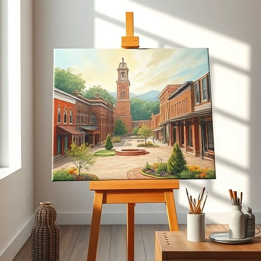 Completed painting of McKinney TX downtown with vibrant colors, framed on an easel in a modern studio.