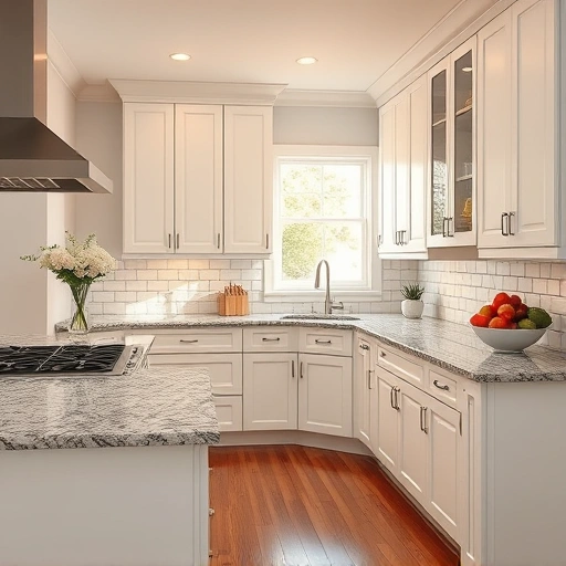 Beautifully transformed kitchen in Prosper TX with elegant white cabinets, granite countertops, and modern subway tile backsplash.