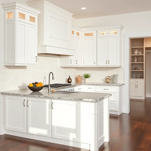 Beautifully transformed kitchen in Addison TX features elegant white cabinets, polished granite countertops, and tasteful decor.