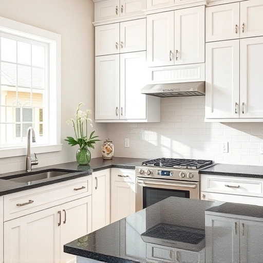 Cabinet Painting transformation in Lucas TX featuring elegant white cabinets, dark granite countertops, and modern appliances.