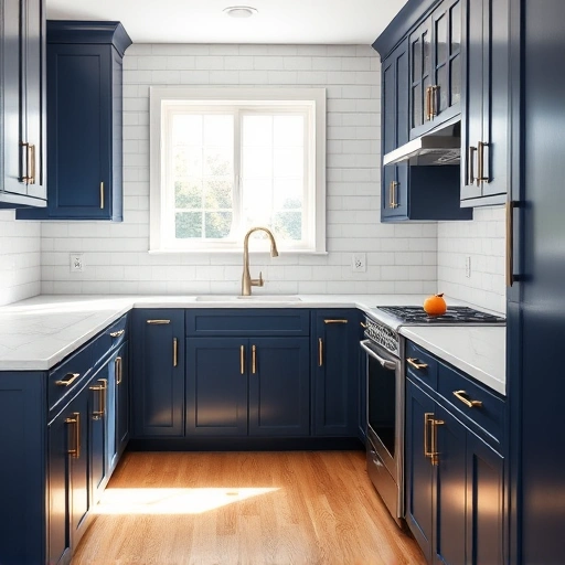 Kitchen cabinet painting transformation in Garland TX featuring navy blue cabinets, marble countertops, and gold hardware.