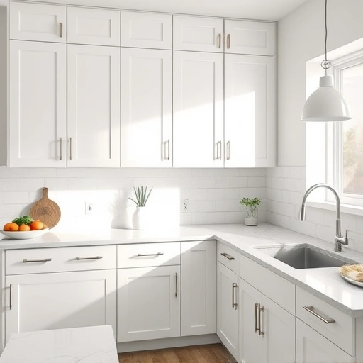 Renovated kitchen in Rowlett TX with white cabinets, quartz countertops, and elegant decor creating a sophisticated atmosphere.