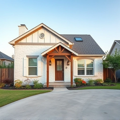 Charming lime-washed house in Garland TX with lush garden, clear blue sky, and inviting architectural elements.