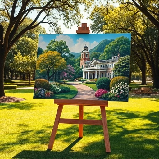 Vibrant landscape painting in Highland Park TX on wooden easel amid lush greenery and blooming flowers.