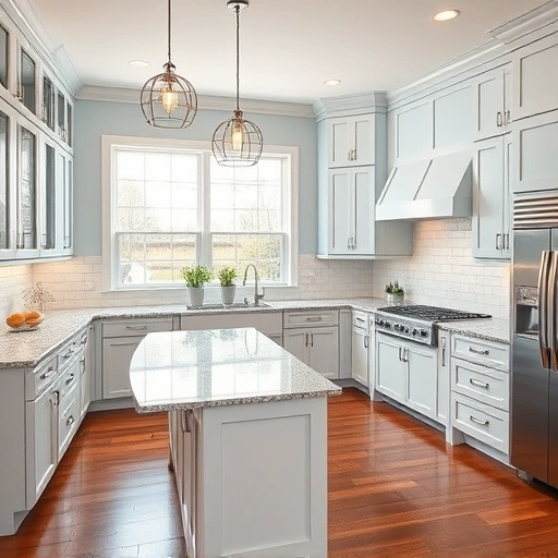 Stunning kitchen in McKinney TX features newly painted cabinets in muted blues and whites with polished granite countertops.