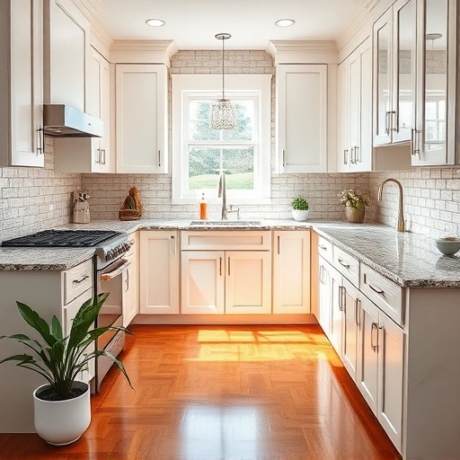 Beautifully transformed kitchen in Josephine, TX with soft white cabinets, polished granite, and warm hardwood flooring.