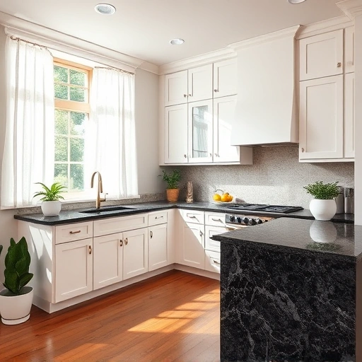 A beautifully painted kitchen in Farmers Branch TX with white cabinets, dark granite countertops, and natural light.