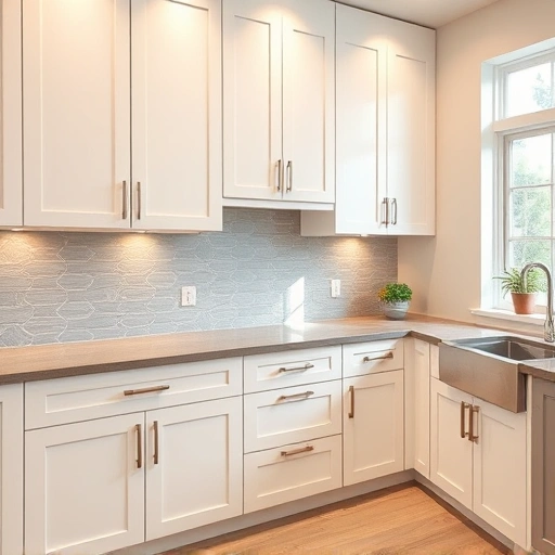 Modern kitchen in Murphy TX featuring glossy white cabinets, gray quartz countertops, and geometric tile backsplash.