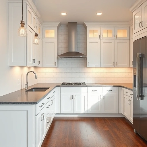 Stunning kitchen transformation in Lucas, TX with modern white cabinets, gray quartz countertops, and warm ambient lighting.