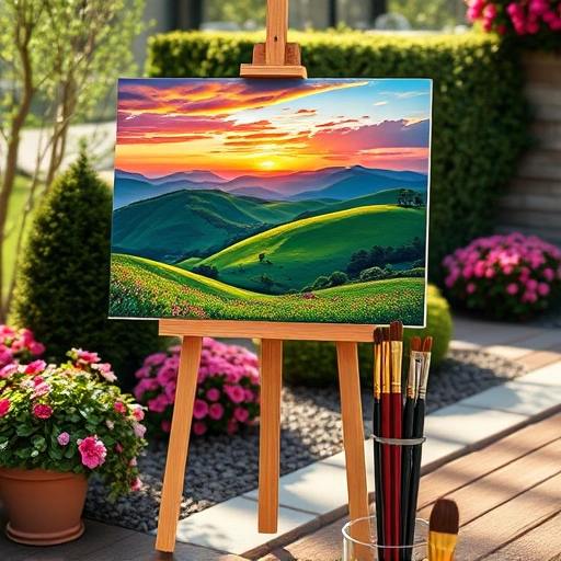 Completed painting on easel in Lucas TX features vibrant landscape, sunset, and lush garden in soft natural light.