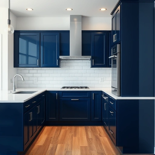 Modern kitchen in Prosper TX with deep navy cabinets, white marble counters, stainless steel appliances, and oak flooring.