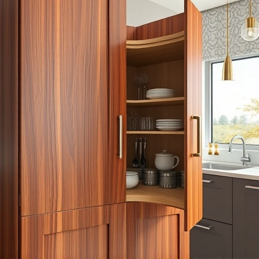 Soft close hinge installation in a stylish wooden cabinet in a modern kitchen with organized interior and natural light.