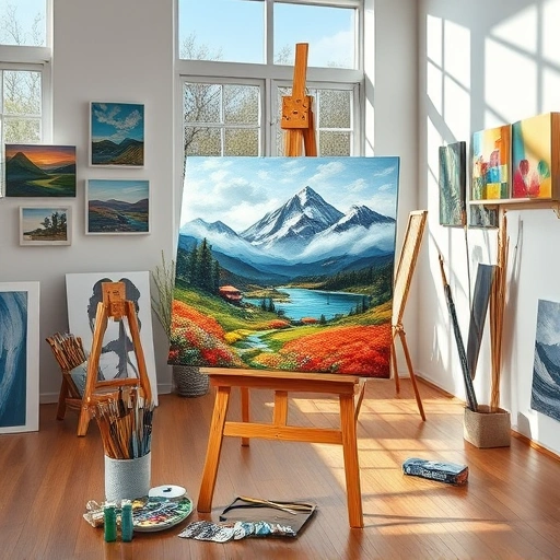 Completed vibrant landscape painting in a modern art studio, surrounded by art supplies and inspiring atmosphere.