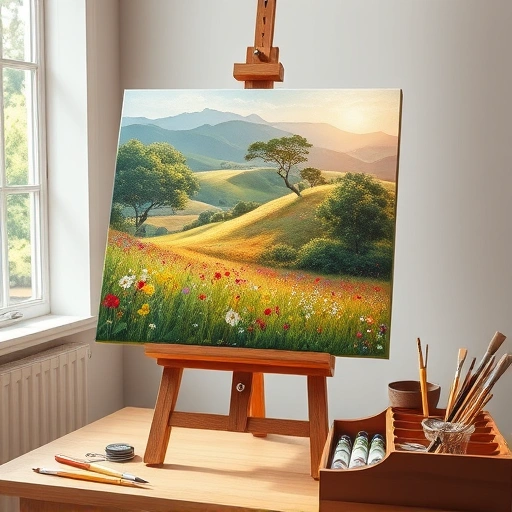 Painting of a serene landscape with vibrant wildflowers and warm sunlight in a professional artist's workspace.